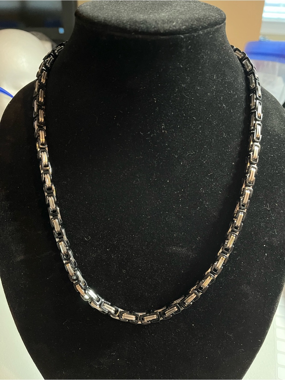 Men's Stainless Steel Black and Silver Byzantine Chain Necklace